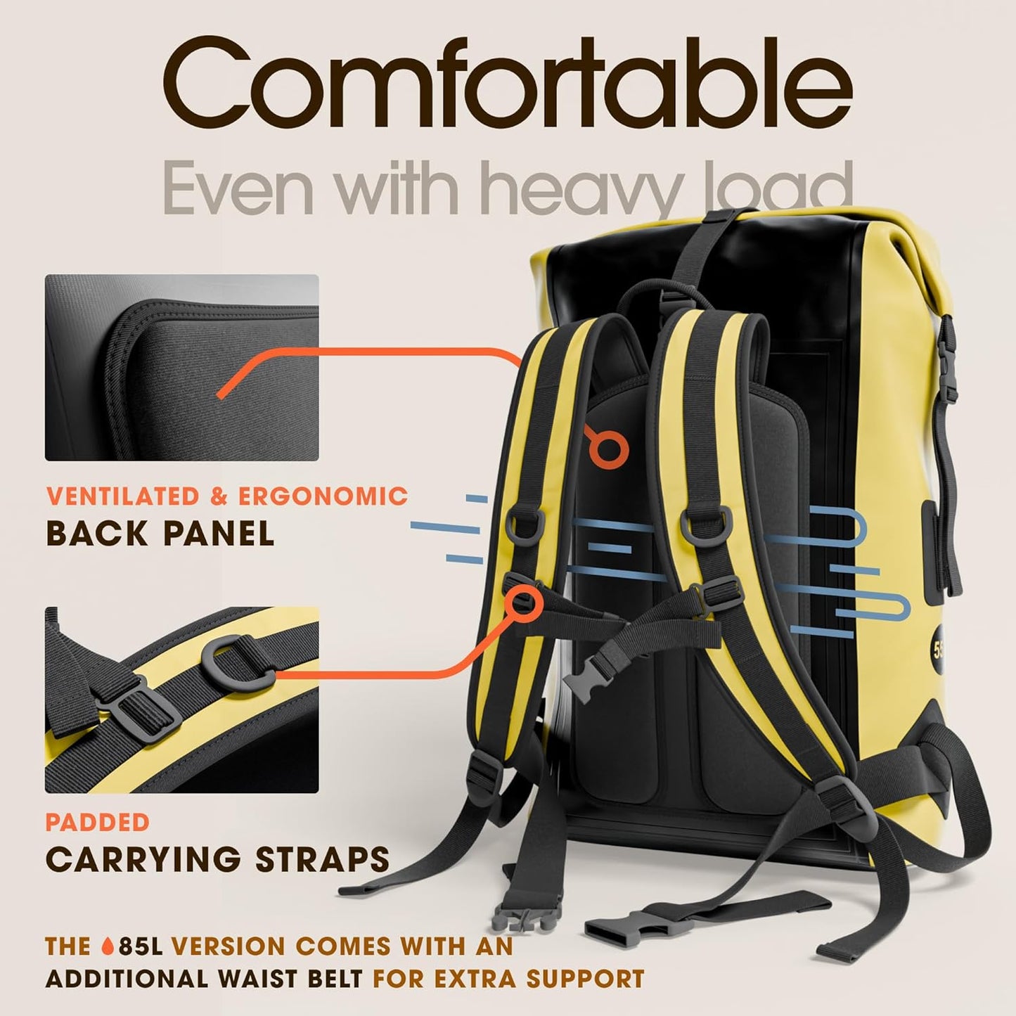 Waterproof Backpack 35L / 55L / 85L Sizes with Roll-Top Closure, Front Pocket, Cushioned Back Panel & Phone Case