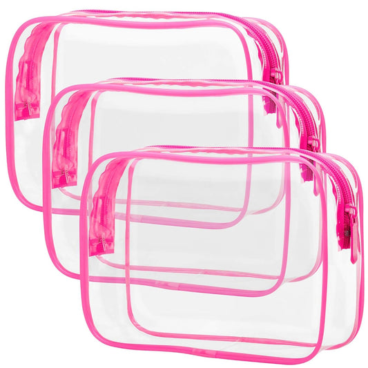 TSA Approved Toiletry Bag 3 Medium - Quart Size Clear Makeup Bag for Carry On, Airport Security Compliant Clear Travel Bag for Toiletries with Reinforced Seams, Bright Rose Red