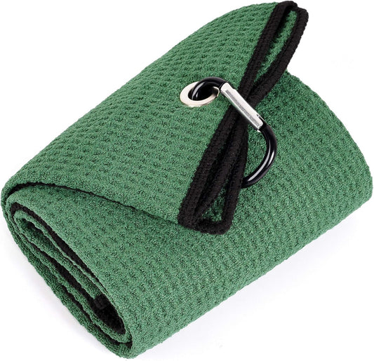 Tri-Fold Golf Towel | Premium Microfiber Fabric | Waffle Pattern | Heavy Duty Carabiner Clip | 14 Color Options